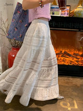 Embroidered Hollow Lace Spliced White Long Skirt 2025 Spring Summer New Elastic Waist Cotton A-line Vacation Beach Boho Skirt voguable