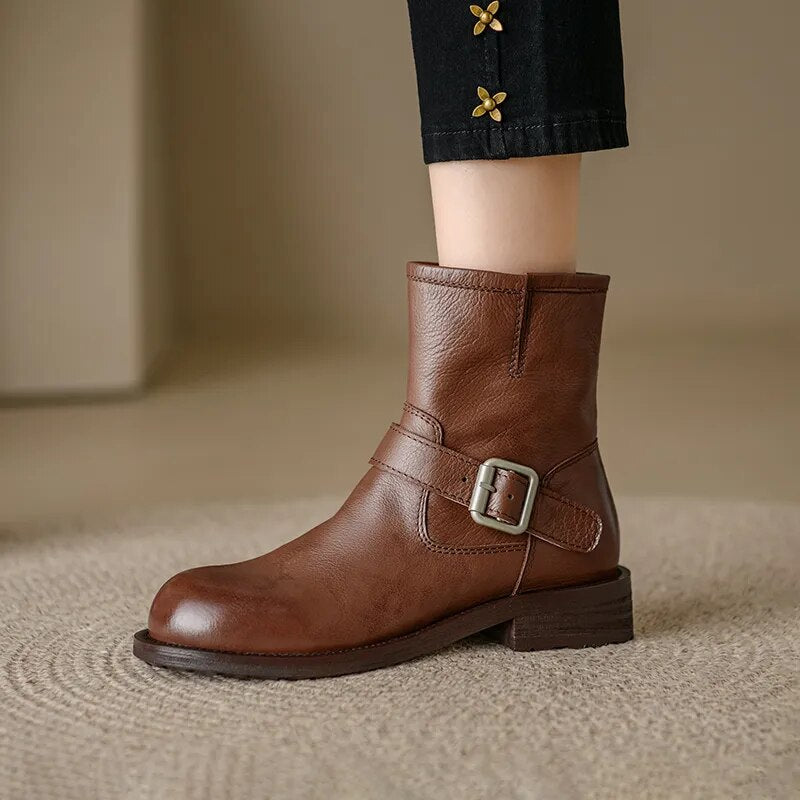 Women Boots Genuine Leather Ankle Boots Autumn Winter Round Toe Side Zipper Office Lady Working Shoes Woman Concise Basic voguable