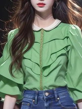 Voguable French Sweet Green Shirt Summer Design Sense Versatile Pleated Blouse for Women voguable