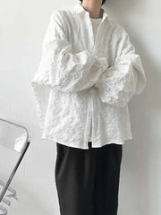 2XL White New Crumpled Jacquard Shirt Loose Fashion Solid Color Casual Turn-down Collar Top New All-match Bat Wing Sleeve P7W voguable