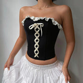 Contrast Ruched Bandage Corset Top Vintage 2000s Strapless Cropped Tops for Women Y2k Elegant Ladies Summer Vest Harajuku voguable