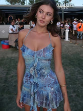 Flower Patchwork Dress Women Bandage Halter Low-Neck Ruched Ribbon Tierred Hem Street Fashion Elegant Mini Bodycon voguable