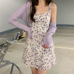 Voguable Summer Purple Two-piece Sets Dress for Women Floral Slip Mini Dress+Sunscreen Shawl Cardigan Woman New Sundress voguable