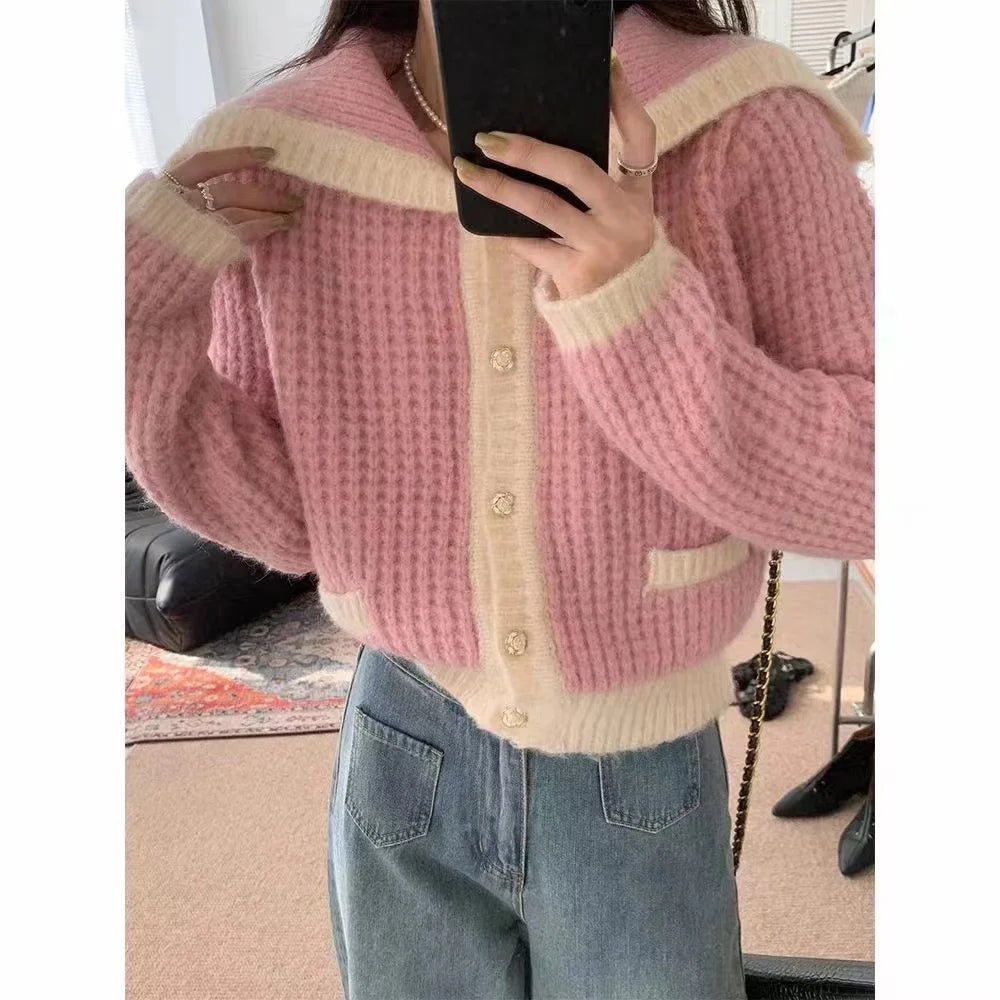 Sailor Collar Sweater Cardigan for Women Soft Waffle Knit Button Front Sweater Jacket Teen-girl Fall Winter Classic Chic Outfit voguable