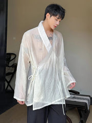 Voguable Drawstring Translucent Design Street Long Sleeve Shirt 2024 Men Stylish Original Elegant Trendy Tops voguable