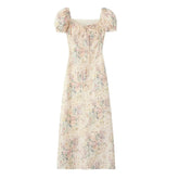 YENKYE Sweet Women Vintage Puff Sleeve Square Neck Floral Print Sexy Elegant Dress Summer Female A-line Midi Holiday Dress Boho voguable