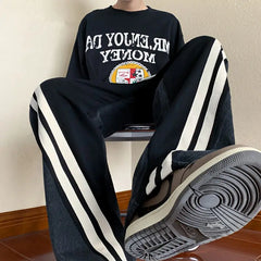 Spring KPOP Fashion Style Harajuku Slim Fit Trousers All Match Vintage Jeans Loose Casual Wide Leg Pants Patchwork Sweatpants voguable