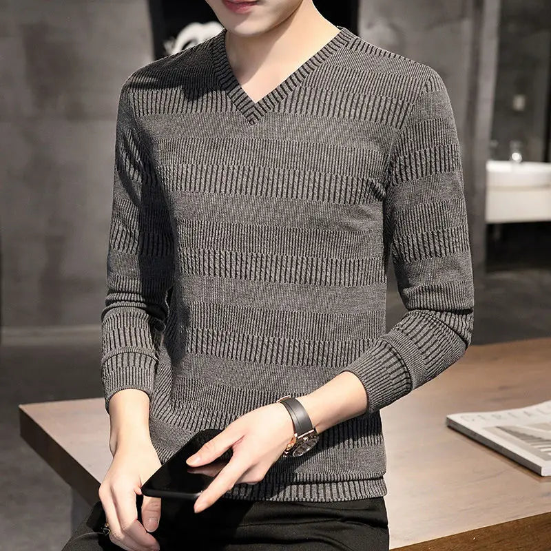 Autumn Winter New Fashion V-neck Long Sleeve Embossed Pattern Pullovers Men's Clothing Solid Knitting Casual All-match Chic Tops voguable
