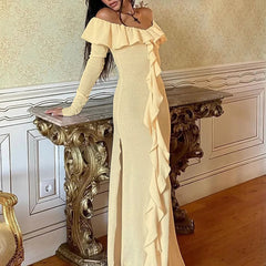 Mia Muse Women's Dresses Spring Princess Style Plain Long Sleeve Off Shoulder Flounce Side Slit Full Length Anniversary Dresses voguable