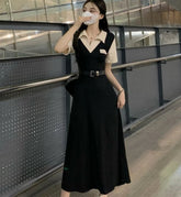 Voguable Summer Lapel Style Short Sleeved Dress For Women With A Slim Waist Academic Style A-shaped Skirt Long Skirt voguable