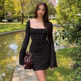 Women's Vintage Lace Ruffles Mini Dress Long Sleeve Textured Tight Hip Wrap Dress Elegant Bow Embellished Dress