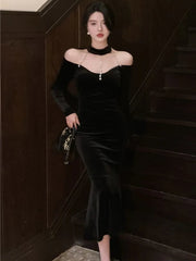 Autumn Solid Vintage Women Party DressesVintage Halter Long Sleeve Mermaid Dress Elegant Off Shoulder Midi Evening Vestidos voguable