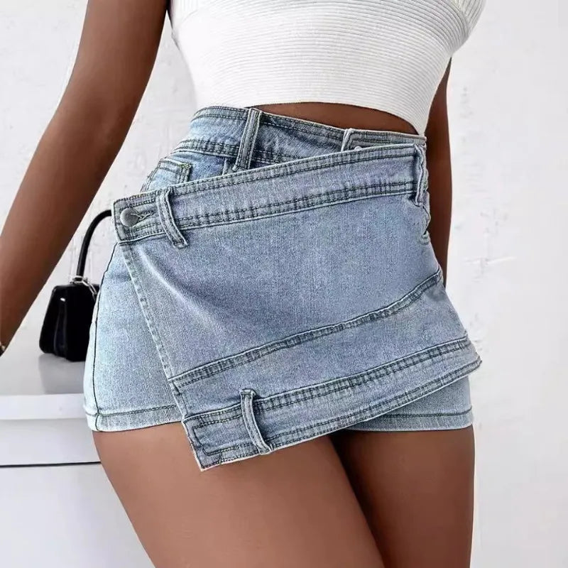 Voguable Fashion Irregular Splicing Women's Denim Shorts Summer High Waisted A-line Jean Skirt Shorts Woman Slim Washed Blue Cowboy Pants voguable