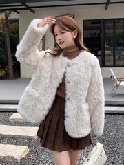 Winter Chic Faux Lamb Coat Women Korean Long Sleeve O Neck Fashion Jacket Sweet Warm Female Elegant All Match Solid Outwear Tops voguable