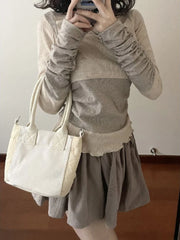 Voguable Elegant Casual Outwear 2 Piece Skirt Set Woman Slim Bodycon Knitted Blouse + Sweet Y2k Mini Skirt Suit 2024 Spring Chic voguable