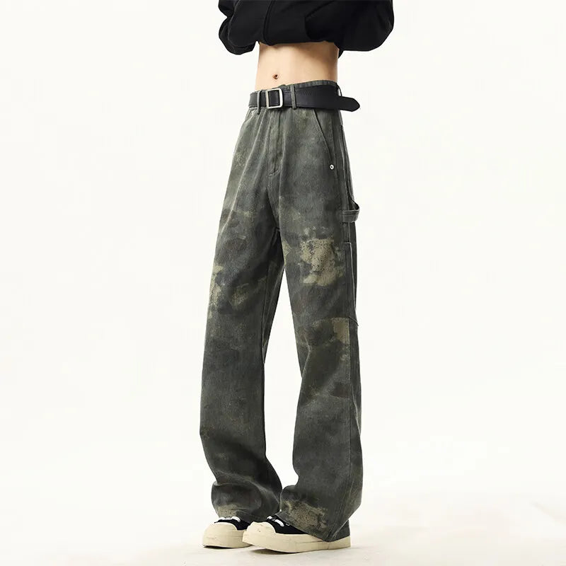 NEW Jeans Leopard Personality design Pockets Wide Leg Jeans Male American Style High Street Denim Pants Classic Denim Trousers