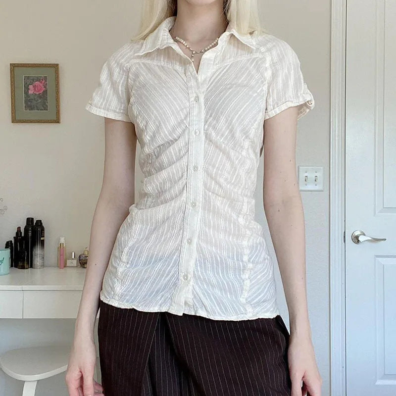 y2k Shirts Women Coquette Clothes Striped Lapel Collar Single Breasted Short Sleeve Blouse 2000s Clothing Streetwear voguable
