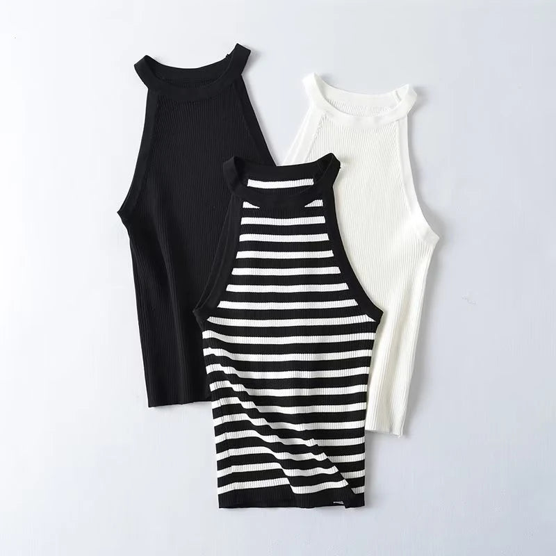 Voguable Summer Women Sexy Slim Sleeveless Striped Halter Knit Top voguable