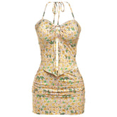 Sweet Floral Print Women 2 Piece Set Elegant Halter Shirring Tube Camisole+Peach Hip Skirts Sexy Club Matching Suits voguable