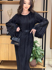 Women's Autumn New Fashion Pleat Belted Vestidos Elegant Flare Long Sleeve Long Fold Long Dress Party Prom Slim Robe voguable