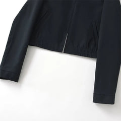 Autumn Women Navy Blue Short Lapel Collar Jacket Coat Long Sleeve With Zipper High Street Outerwear Chic Lady Outfits