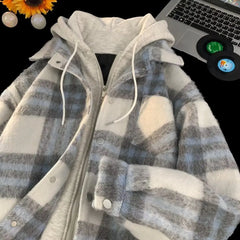 Fake Two-piece Hooded Plaid Jackets for Men and Women Winter Jacket Men 2024 New Loose Casual Zipper American Couple Coats voguable