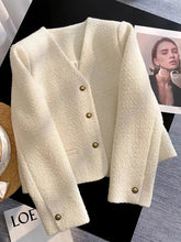 Slim Elegant Tweed Jacket Women Vintage Long Sleeve Sweet Short Coat French Casual Vintage Lady V Neck Single Breasted Tops voguable