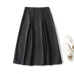 Women Autumn Winter Dark Gray Pleated A-line Midi Skirt Vintage High Waist Office Elegant Skirts