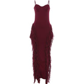 Voguable Elegant Tassel Patchwork Dress Women Sexy Low-Neck Sleeveless Stretch Skinny Fashion Classic Evening Party Clubwear voguable