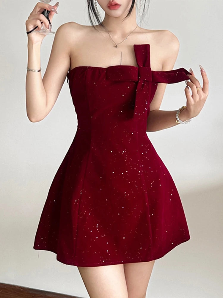 Trendix Sequins Tube Top Dress Ladies Fashion Bow Patchwork High Waist Sleeveless Mini Dress Party Sexy Off Shoulder Dress Women voguable