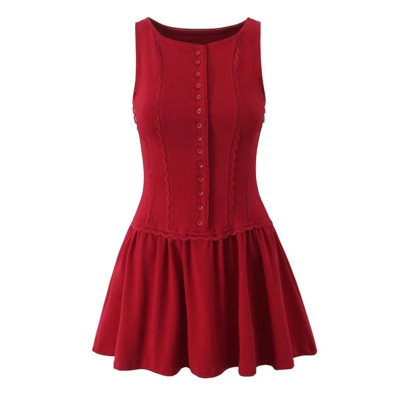 Summer Women Front Button O Neck Sleeveless Dress Lace Trim Sexy Low Waist A-line Mini Dresses White Red Sweet Robe voguable