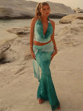 Gradient 2 Piece Set Women Starfish Swing Collar Halter Backless Tops+Sash Skirts Beach Vacation Midnight Clubwear voguable