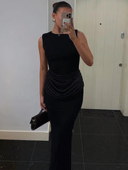 Sleeveless Ruched Sexy Maxi Dress For Women Gown Fashion Black O Neck High Waist Bodycon Club Party Long Dress Vestido voguable