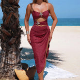 Voguable Sexy Metal Starfish One Piece Swimsuit Woman Wine Red Shiny Swimwear with Cover Ups Skirts Hollow Out Monokini Bathing Suit voguable