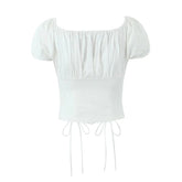Women Vintage Puff Sleeve Square Collar White Shirt Drawstring Tie Bow Center Buttons Ladies Sexy Corset Crop Top