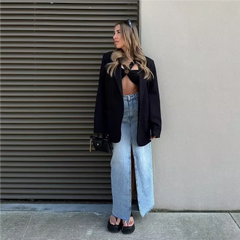 Fall Midi skirts vintage clothes y2k korean style skirts for women blue jeans skirt high waisted denim skirt black front slit Pbong