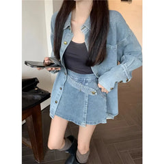 Voguable 2024 Spring New Streetwear Distressed Loose Casual Denim Long-sleeved Shirt Women + Asymmetric Sexy A-line Skirt Two-piece Suit voguable