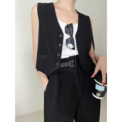 MEXZT Elegant Cropped Blazer Vest Women Vintage Black Suit Waistcoat Jackets Korean White Sleeveless Coat V Neck Outwears Tops voguable