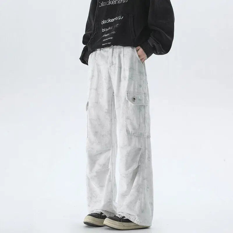Vintage Tie dye Men's Baggy Denim Trousers White 2025 New Streetwear Wide Leg Loose Denim Pants Fashion Straight Gargo Pants voguable
