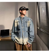 American Short Cowboy Jackets Outwear High Street Raw Edge Design Denim Jacket Man Woman Hip Hop Retro Wash Cargo Coats y2k voguable