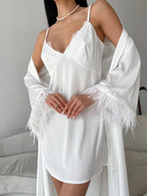 White Slip Dress +belted Cardigan Jacket Two Piece Set Sexy Feather Satin Pajamas Spring Summer Sleepwear Women Clothing 2025 voguable