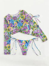 Voguable Sexy Mesh Cover Up Bikini Set Women Long Sleeve Tie Dye Floral Print Thong 3 Piece Swimsuit Beach Bathing Suit Swimwear 2024 voguable