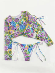 Voguable Sexy Mesh Cover Up Bikini Set Women Long Sleeve Tie Dye Floral Print Thong 3 Piece Swimsuit Beach Bathing Suit Swimwear 2024 voguable