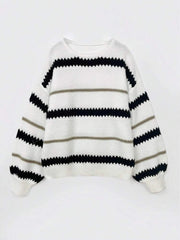 Casual contrasting striped round neck long sleeved women's knitted sweater voguable