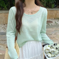 Breezy Long Sleeve Knit Top for Women Breathable O-neck Boxy Pullovers Blouse Summer Sunscreen Shirt Cover Up Casual Outfit voguable