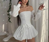 Voguable Autumn New Fashionable, Sexy, Elegant Solid Color Short Sleeve strapless Waist Dress for Women voguable
