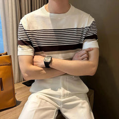 Men's Clothing Light Luxury Business Striped T-shirt Casual Slim Knitted O Neck Short Sleeve T-shirt High Quality Patchwork Tops voguable
