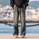 Men Straight Leg Jeans Washed Vintage Retro Patchwork Design Denim Pants Streetwear Classic Comfort Fit Distressed Style voguable