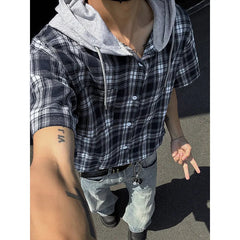 Summer Short Sleeved Shirt Men Fashion Retro Casual Hooded Shirt Men Streetwear Korean Loose Plaid Shirts Man Large Size 4XL voguable