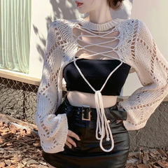 Voguable 2024 Summer New Korean Hollow Sexy Backless Lace-up Solid Color Long-sleeved Sweater Women + Basic Camisole Two-piece Suit voguable